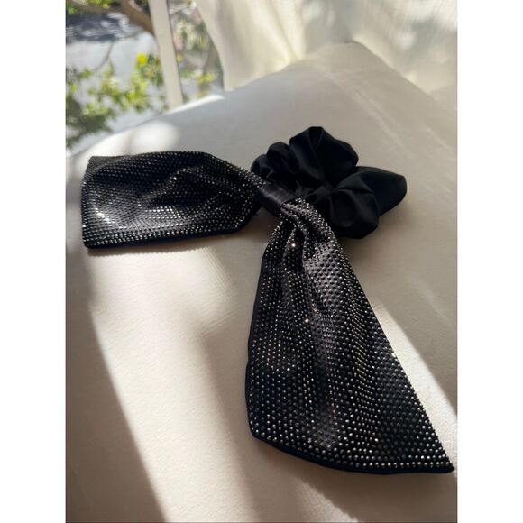 Black Satin Rhinestone Bow Scrunchie Oversized Hair Tie Glam Sparkle main image 6